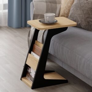 Iron & Wood Sofa Side Table with Magazine Rack