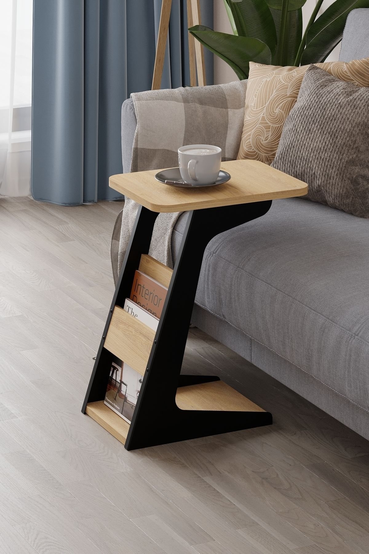 Iron & Wood Sofa Side Table with Magazine Rack
