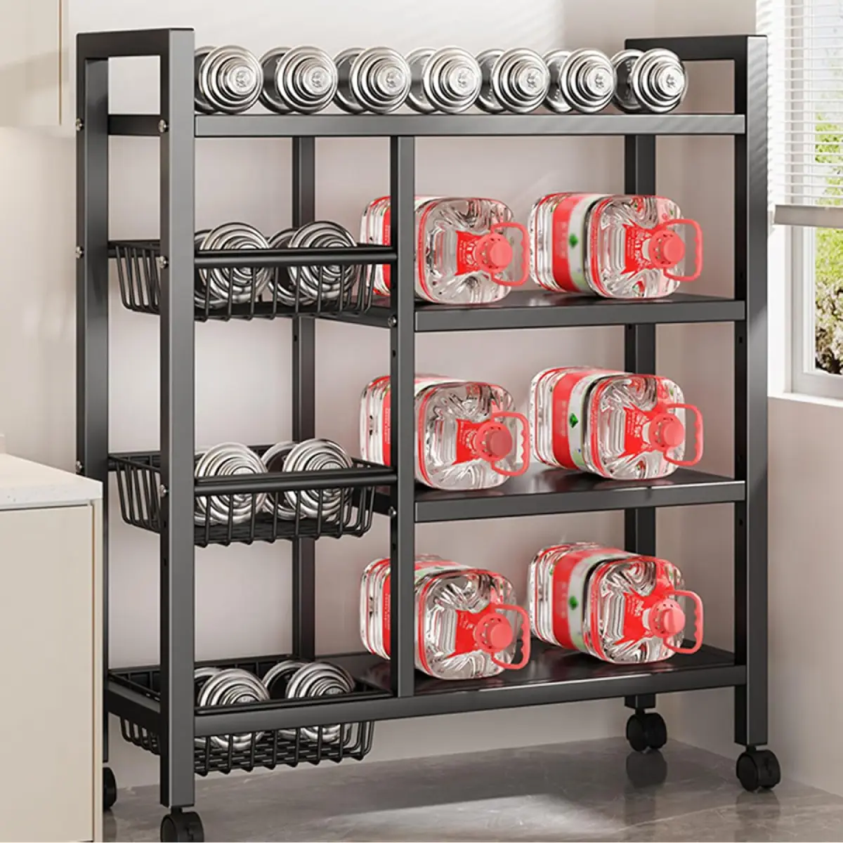 4-Tier Kitchen Storage Trolley on Wheels | Mobile Vegetable Rack with Removable Baskets