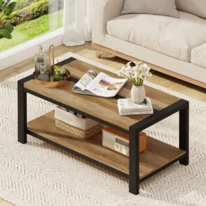 BON AUGURE 2-Tier Industrial Coffee Table with Storage Shelf, Vintage Oak Living Room Centre Table