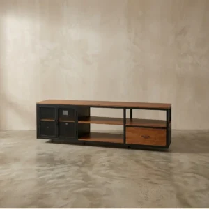 Industrial TV Console with Mesh Doors & Drawer