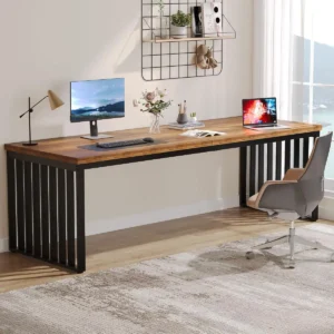 Solid Wood Workstation with Wrought Iron Frame,  5cm Thick Wooden Office & Study Desk