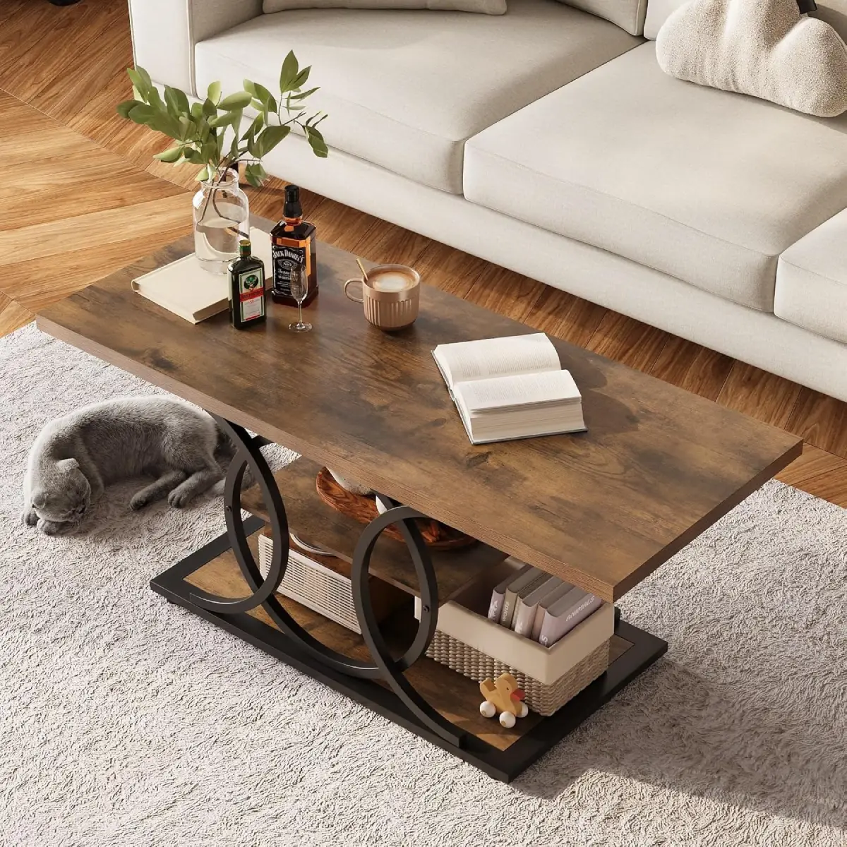 Modern 3-Tier Coffee Table with Storage Shelf, Rustic Wood Top & Black Metal Frame - Image 2