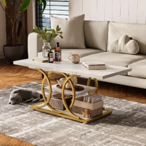 Modern 3-Tier Coffee Table with Storage Shelf, Rustic Wood Top & Black Metal Frame