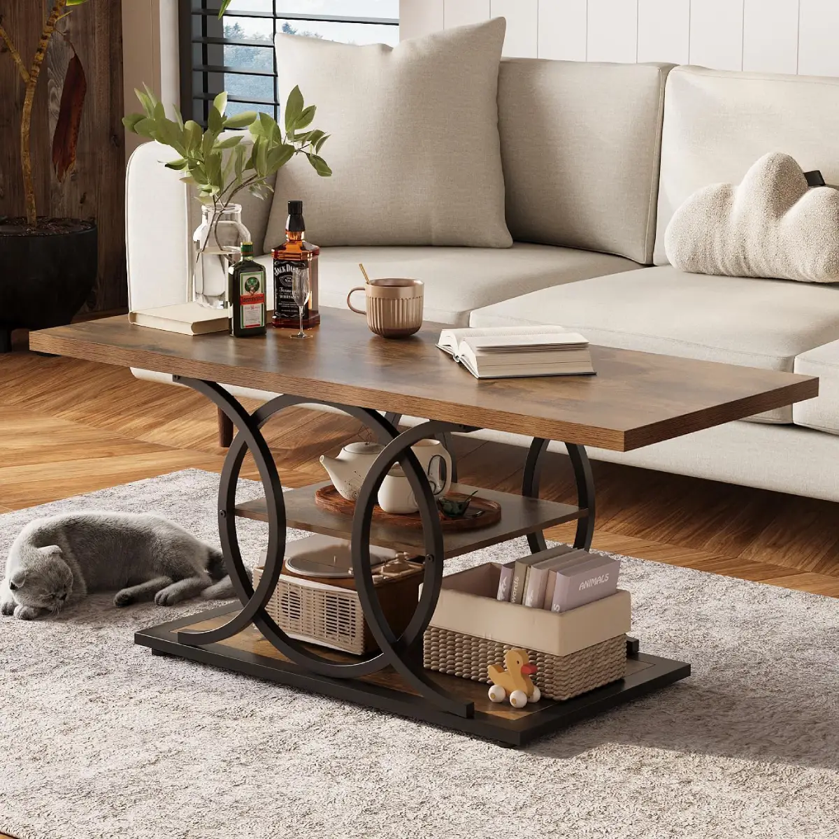 Modern 3-Tier Coffee Table with Storage Shelf, Rustic Wood Top & Black Metal Frame - Image 5