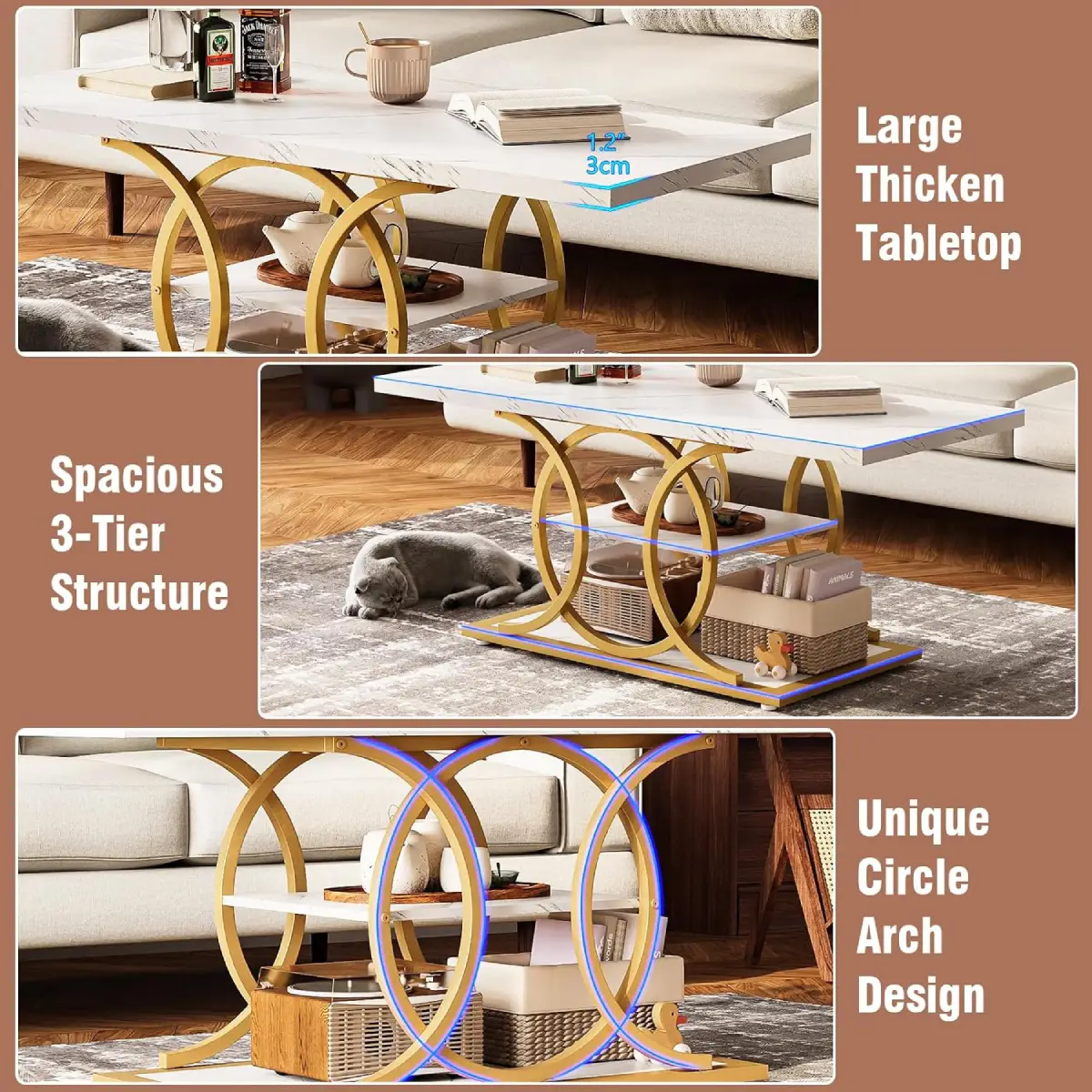 Modern 3-Tier Coffee Table with Storage Shelf, Rustic Wood Top & Black Metal Frame - Image 8