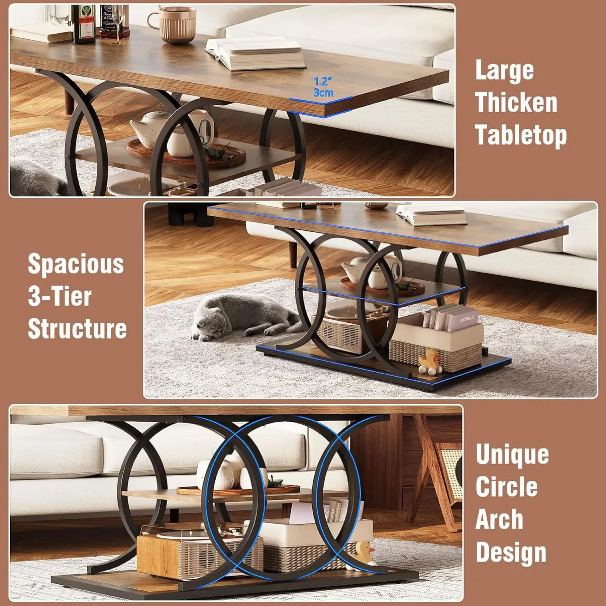 Modern 3-Tier Coffee Table with Storage Shelf, Rustic Wood Top & Black Metal Frame - Image 9