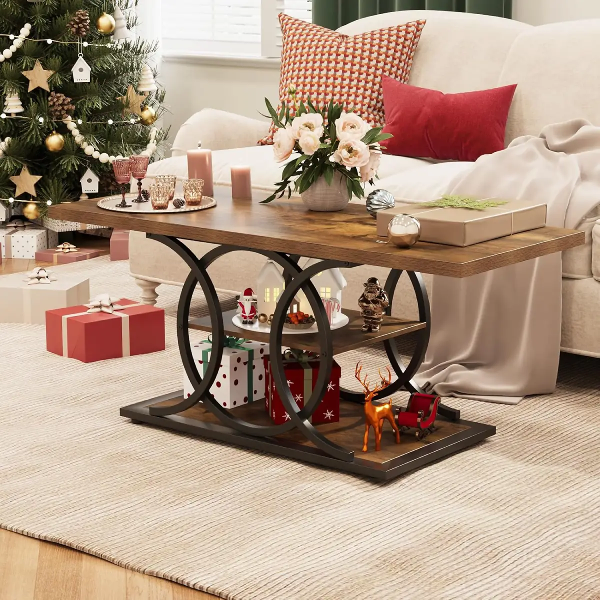 Modern 3-Tier Coffee Table with Storage Shelf, Rustic Wood Top & Black Metal Frame - Image 10