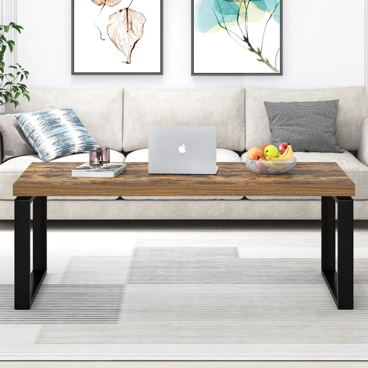 Modern Coffee Table with Rustic Wood Top & Black Metal Frame (2) Modern Coffee Table with Rustic Wood Top & Black Metal Frame (2)