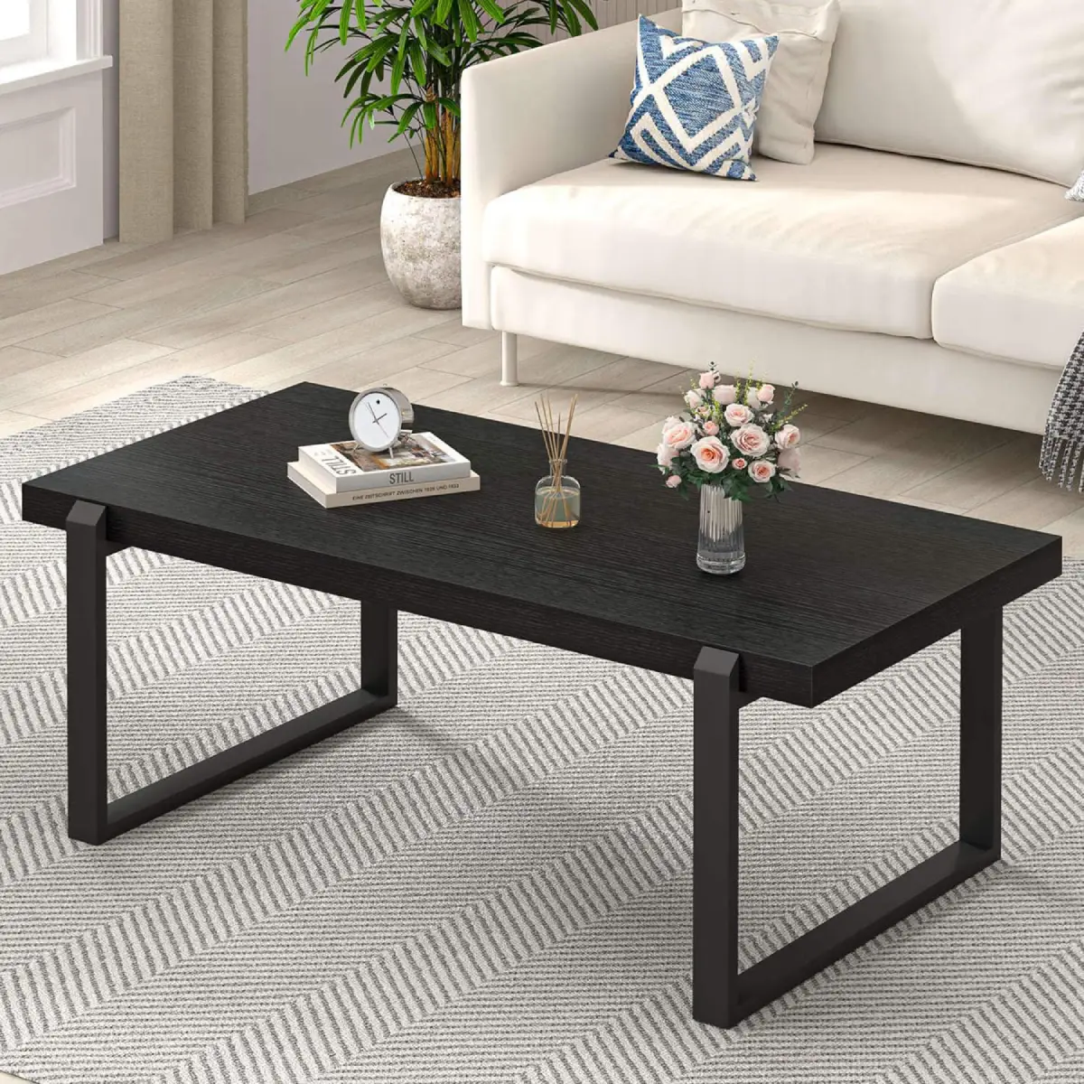 Modern Coffee Table with Rustic Wood Top & Black Metal Frame (9)