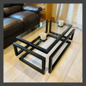 Modern Geometric Optical Illusion Coffee Table, Black Metal Frame with Tempered Top Glass