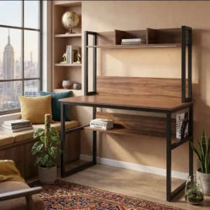 Modern Home Office Workstation Desk with Built-in Hutch Shelf & Under-Desk Storage