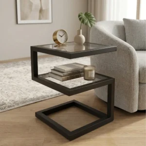 Modern S-Shape Geometric End Table, Floating 2-Tier Glass Side Table with Black Steel Frame