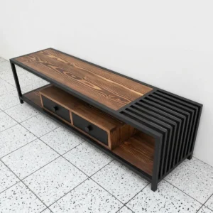 Rustic Pine Wood TV Console with Iron Frame & 2 Drawers