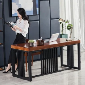 Solid Wood Workstation with Wrought Iron Frame Wooden Office & Study Desk