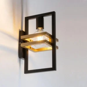 Modern Dual-Tone Geometric Wall Sconce, Matte Black & Brass Gold Metal Frame Wall LampMo